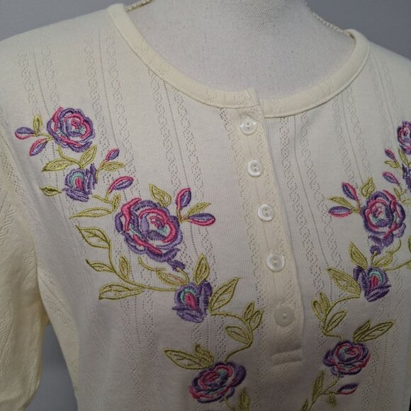 Sarah Morgan Shirt Embroidered Floral Off White Quarter Button Womens Large - Picture 5 of 9